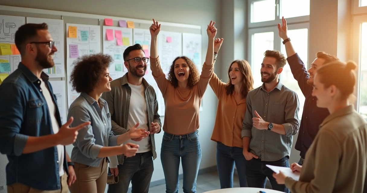 Grupo celebrando éxito en un proyecto con gestos de alegría y confianza 