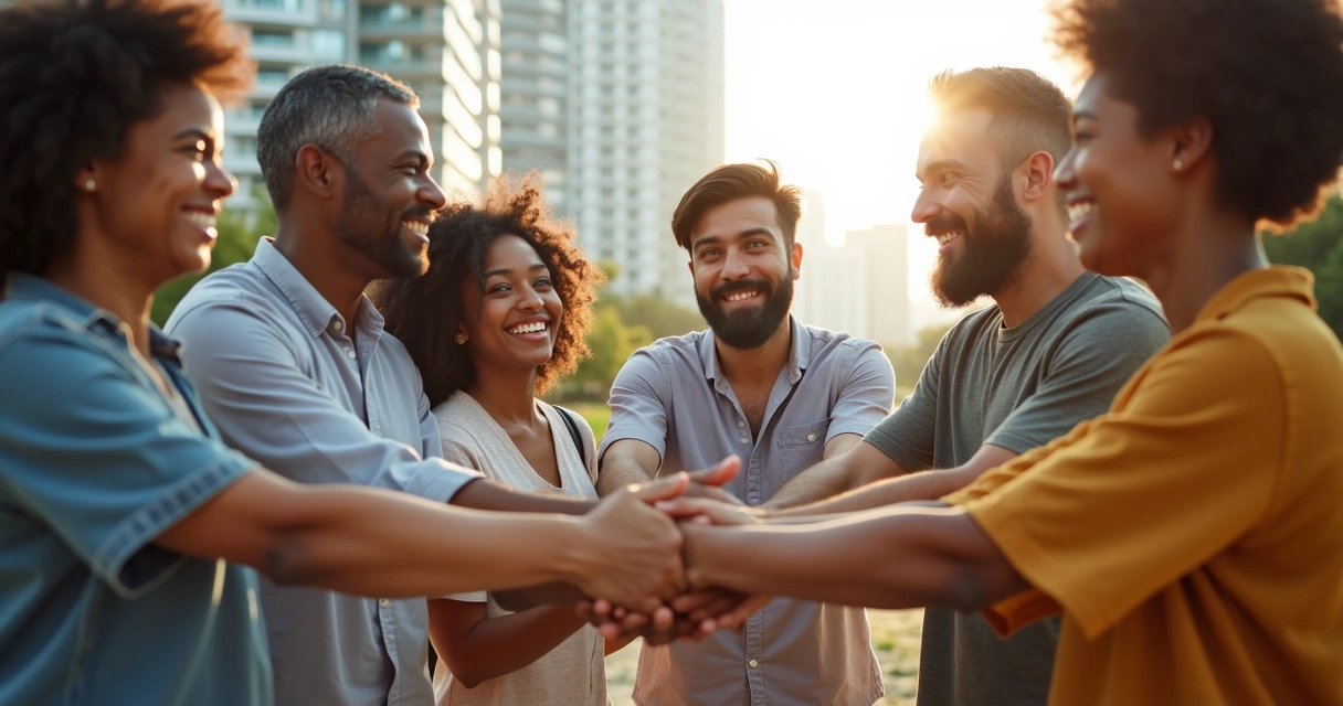 Grupo diverso de pessoas sorrindo e cooperando, fundo urbano, luz natural 