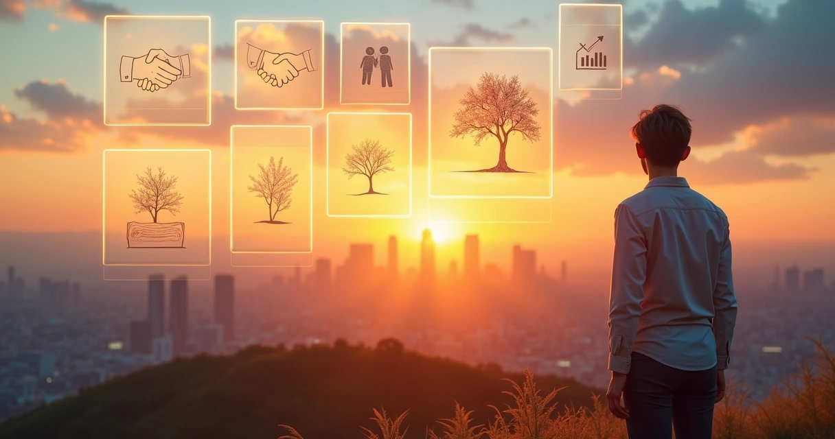 Pessoa olhando horizonte com painéis coloridos mostrando mudanças futuras