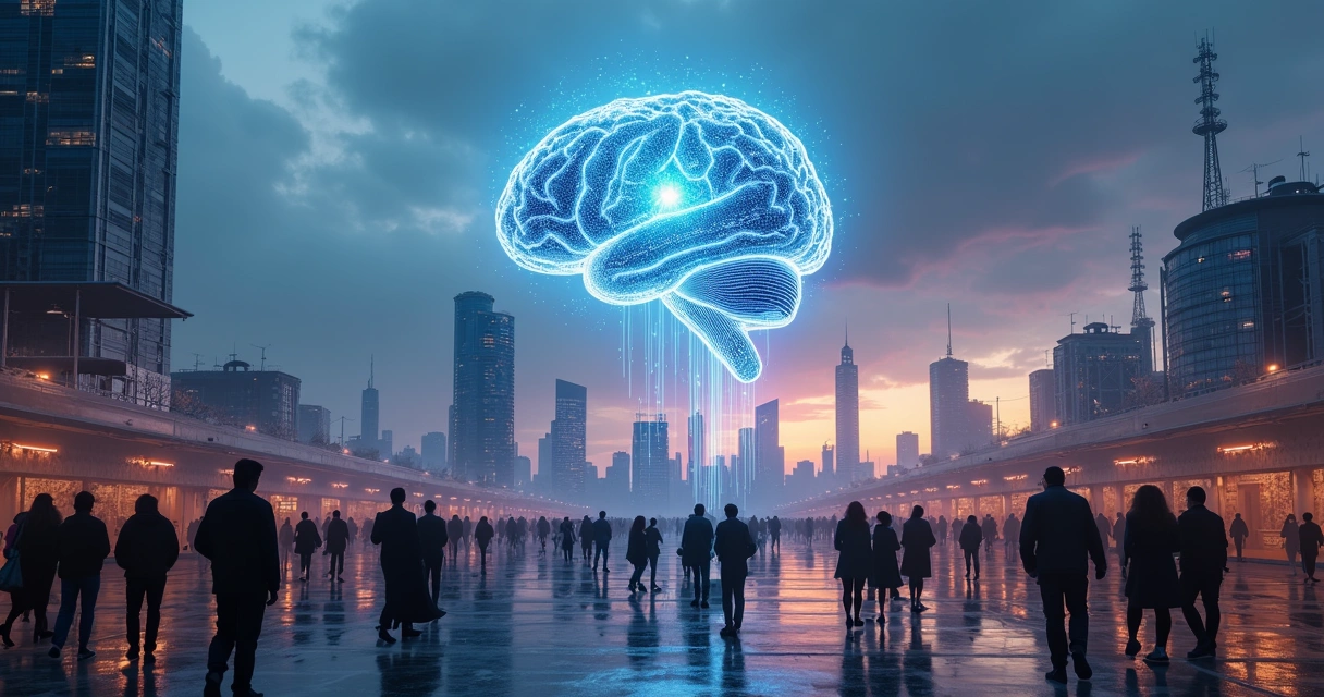 Cidade futurista com cérebro humano digital interligado a redes neurais sobreposta ao horizonte urbano 