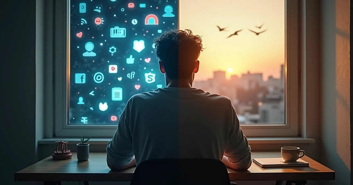 Pessoa observando feed de redes sociais dividido entre caos digital e equilíbrio interior 