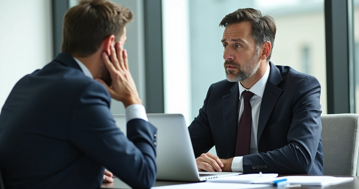 Duas pessoas conversam em ambiente de escritório, uma expressando preocupação, a outra ouve atenta