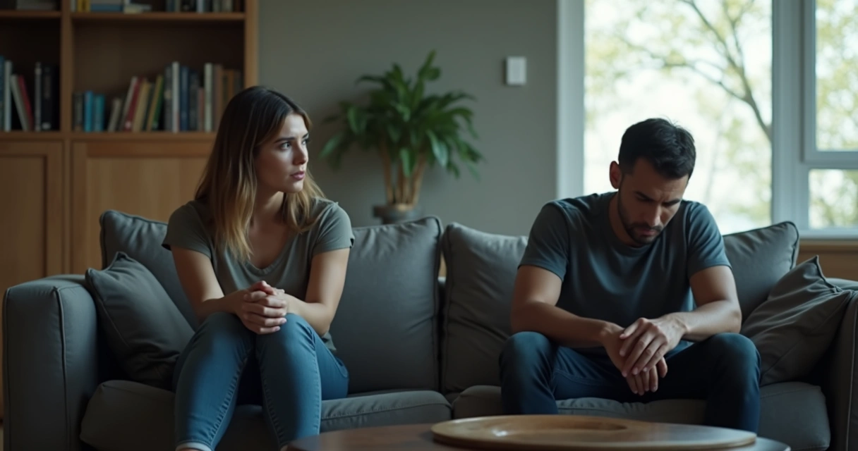 Duas pessoas em uma conversa séria na sala, tensão visível no ar 