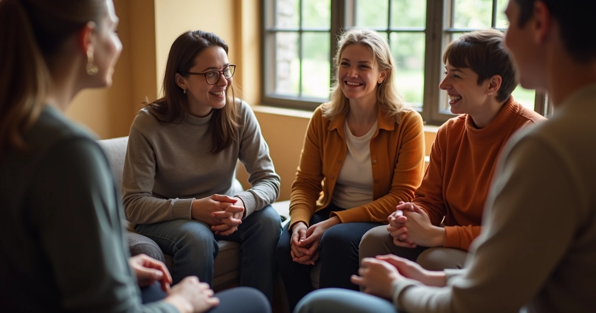 Grupo de pessoas conversando em círculo em ambiente calmo. 