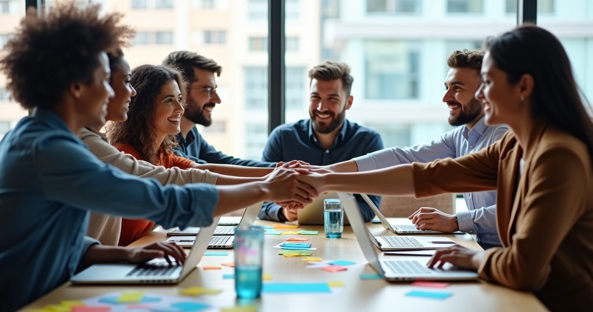 Equipe celebrando após uma reunião produtiva, sorrindo ao redor de uma mesa 