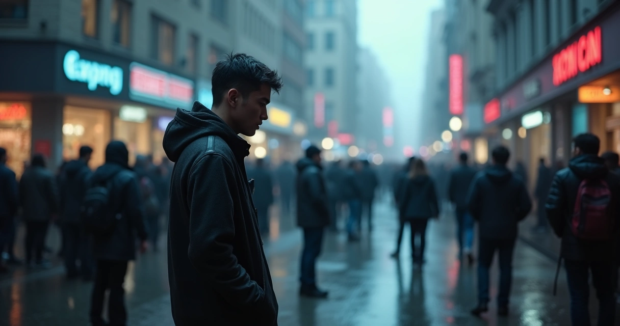 Homem sozinho em meio a uma multidão, olhando para baixo, simbolizando isolamento em uma sociedade 