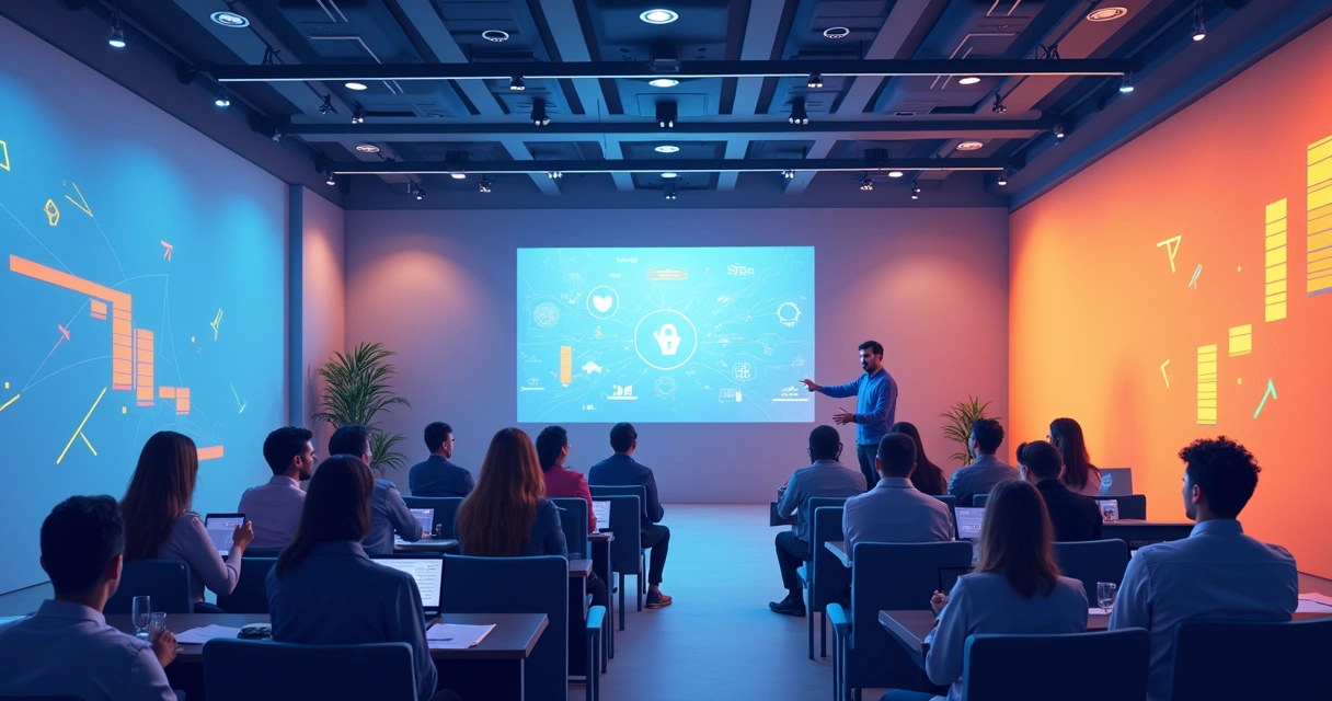 Vídeo de marca em telão mostra gráficos de segurança subindo e descendo 