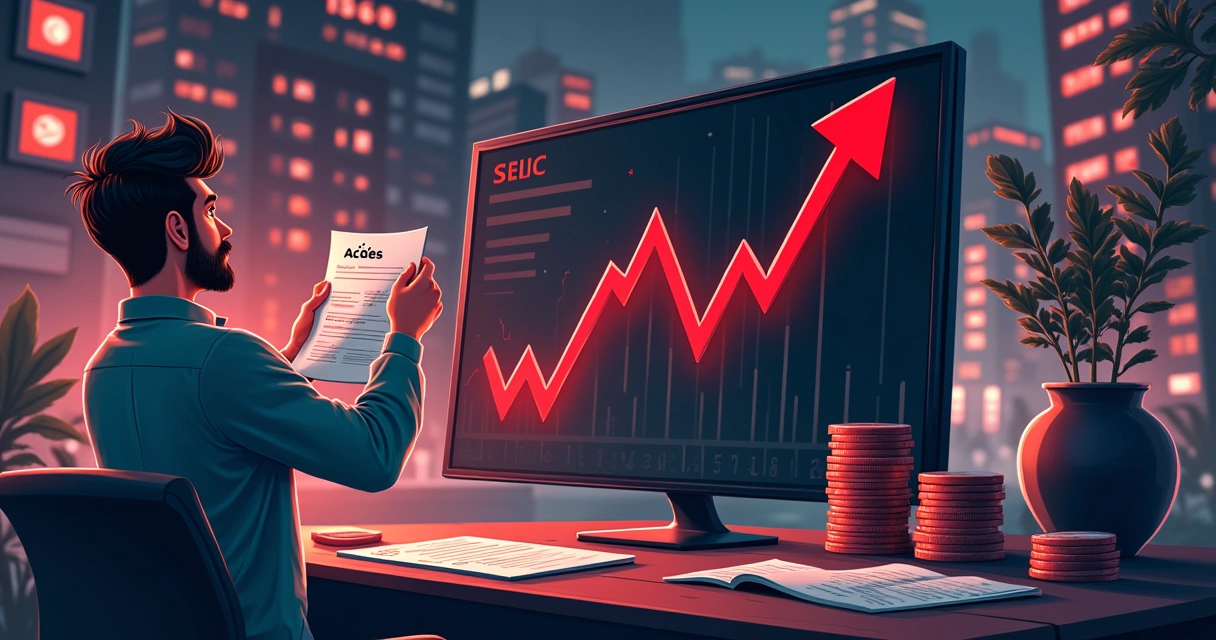 Ilustração mostrando o impacto da SELIC no mercado de ações com gráficos em queda e investidores preocupados.