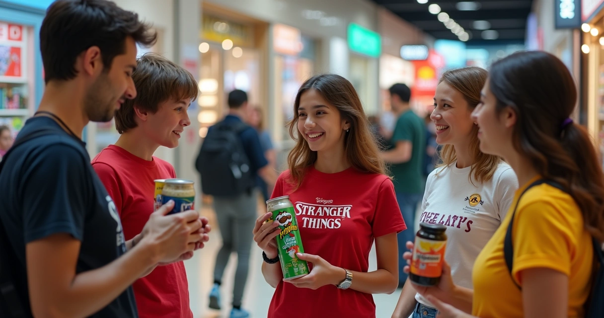 Consumidores interagindo com produtos temáticos de Stranger Things em shopping 