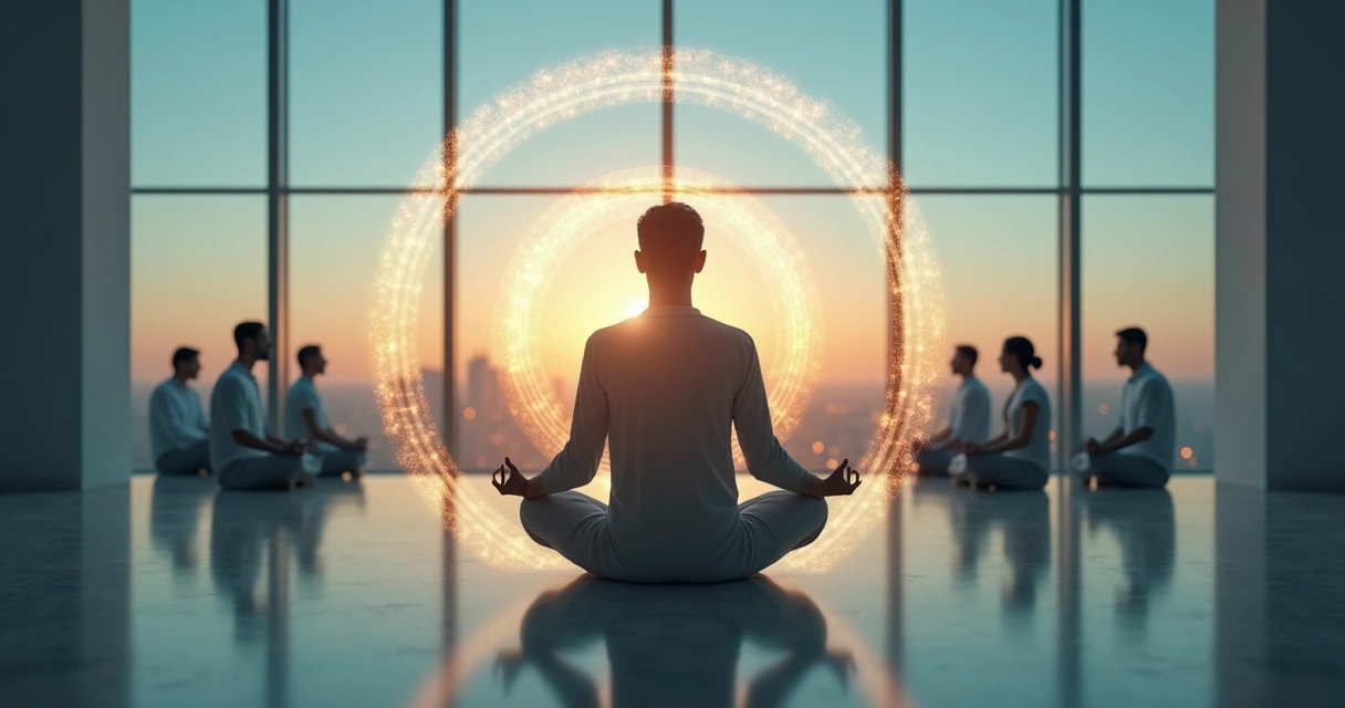 Persona meditando generando ondas de energía que conectan con otras siluetas 