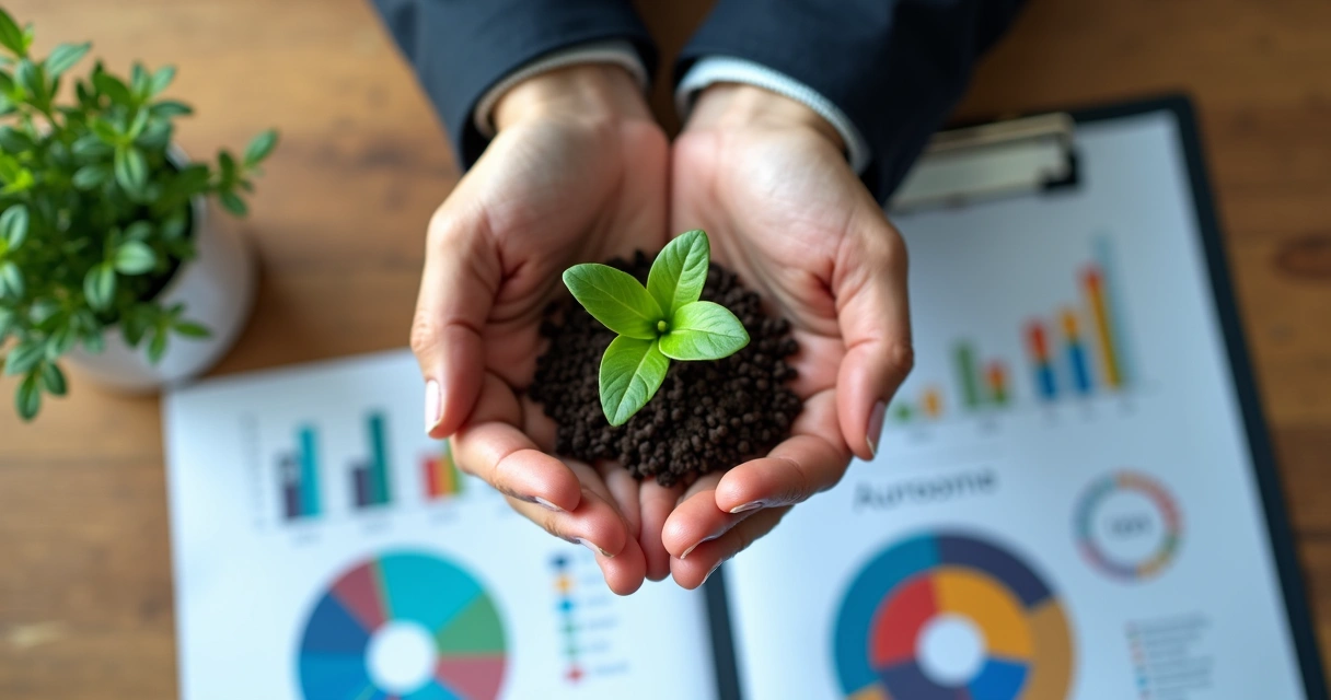 Mãos segurando pequenas plantas sobre gráficos coloridos