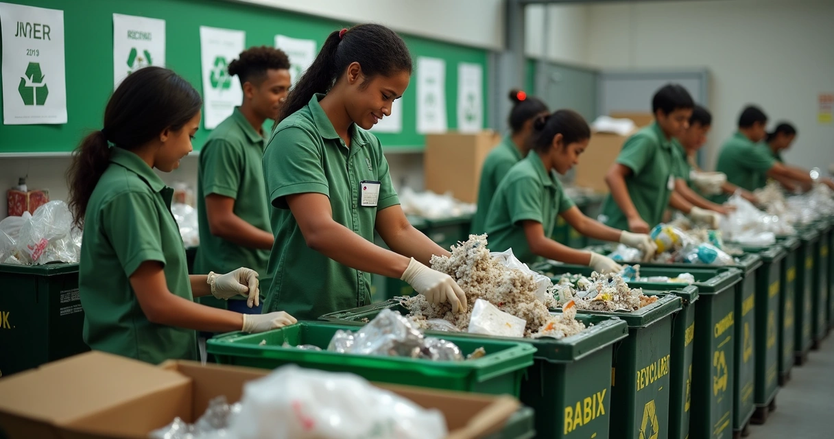 Cooperativa de reciclagem trabalhando, caixas de materiais recicláveis e impacto social em destaque