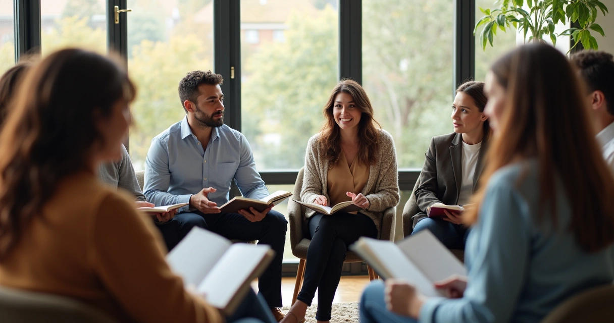 Grupo diverso de pessoas em roda expressando ideias únicas em clima de harmonia 