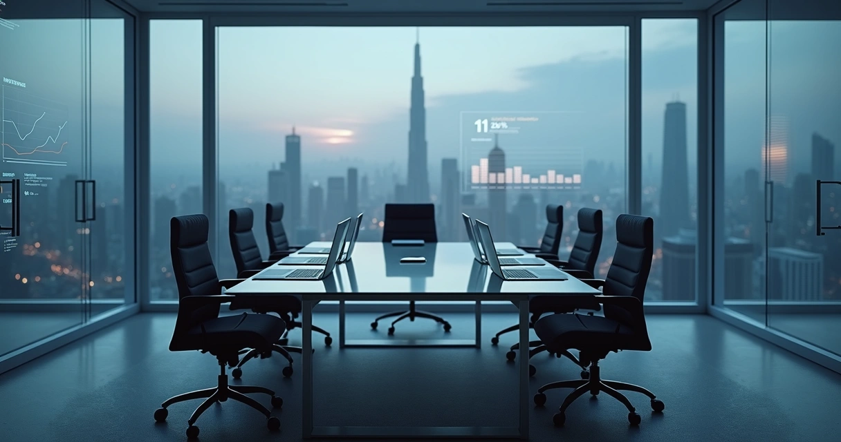 Cidade cinza vista por janela de escritório refletindo baixo impacto social 