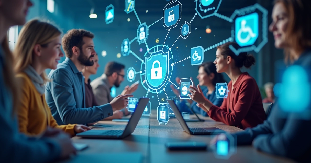 Diversas pessoas interagindo em ambiente digital protegido, com elementos de inclusão e diversidade 