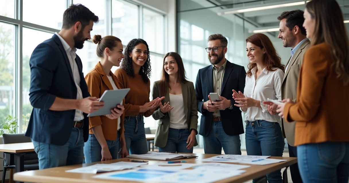 Grupo de pessoas colaborando em comunidade, sorrindo e compartilhando ideias em ambiente aberto 