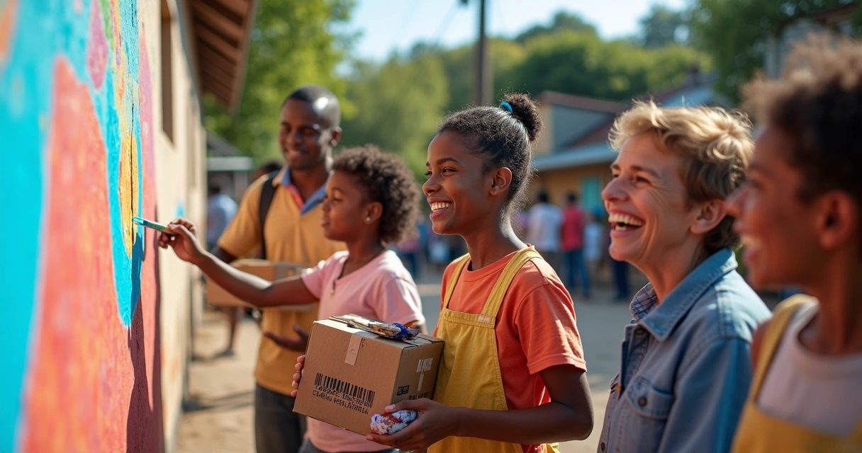 Voluntários ajudando comunidade local em atividade externa 