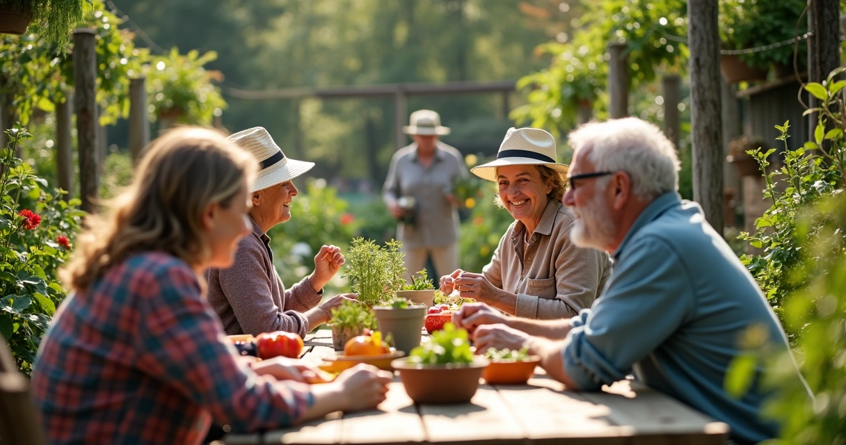 Personas compartiendo alimentos y conversando en un entorno comunitario 