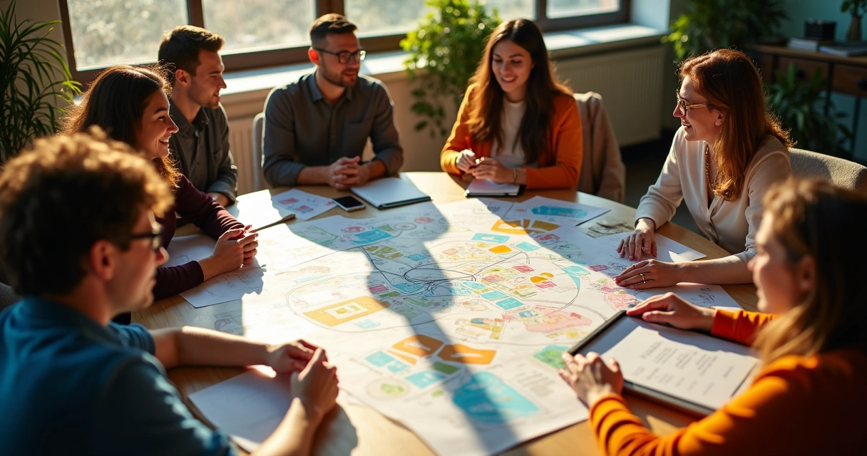 Grupo de personas diversas colaborando alrededor de mesa con diagramas 