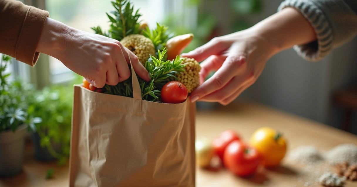 Mãos entregando uma sacola reciclável com produtos naturais a outra pessoa