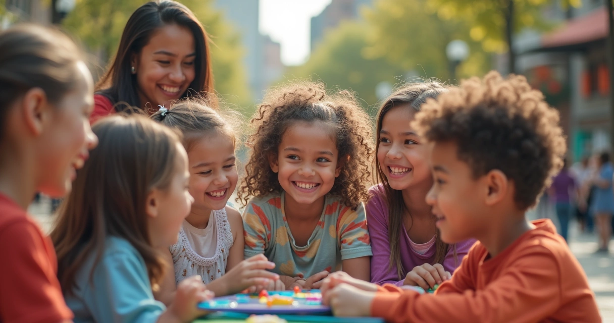 Crianças sorrindo durante atividade coletiva em uma praça 