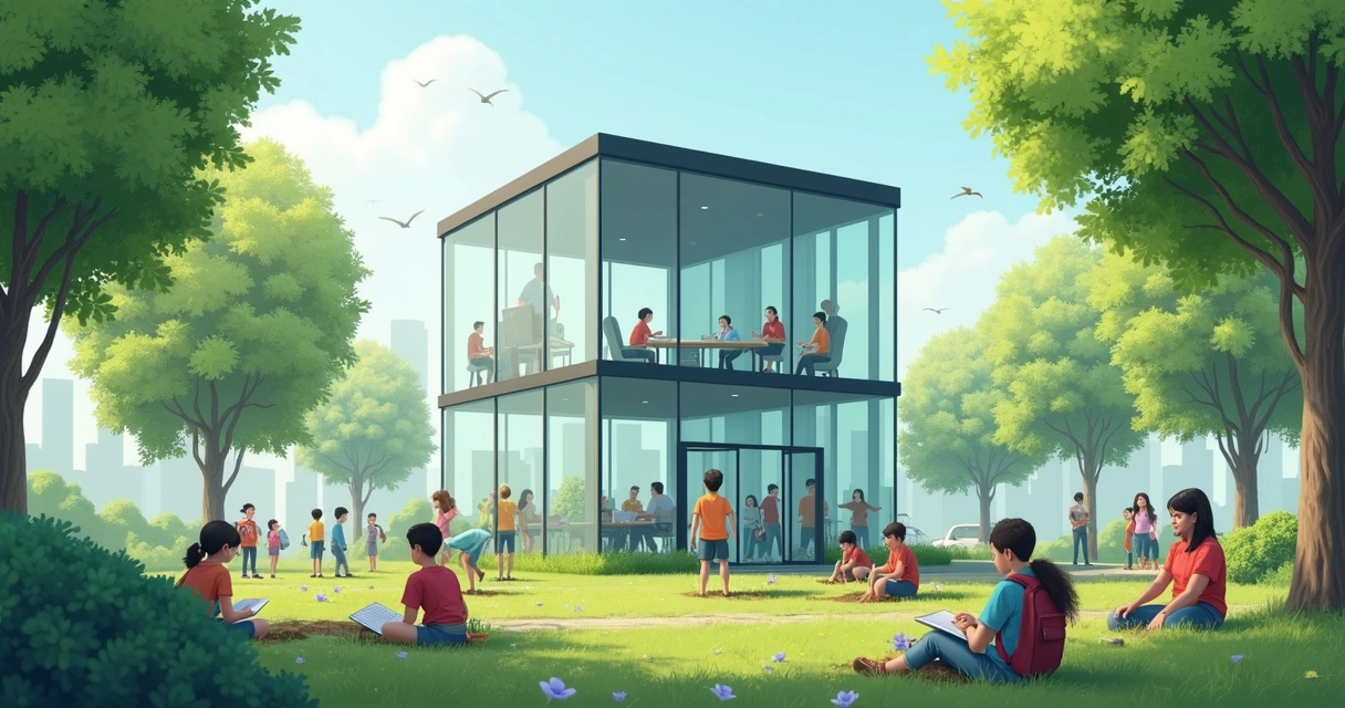 Representação gráfica de impacto social mostrando empresa conectada a comunidade ao redor, com elementos de sustentabilidade e desenvolvimento. 