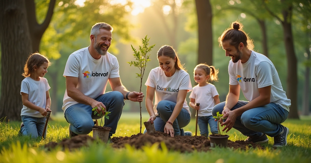Colaboradores de diferentes empresas participando juntos de uma ação social de plantio de árvores 