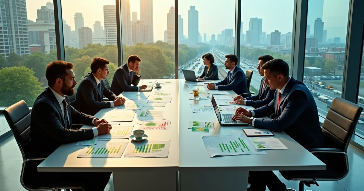 Executivos em mesa de reunião dividida entre impacto social positivo e consequências negativas 