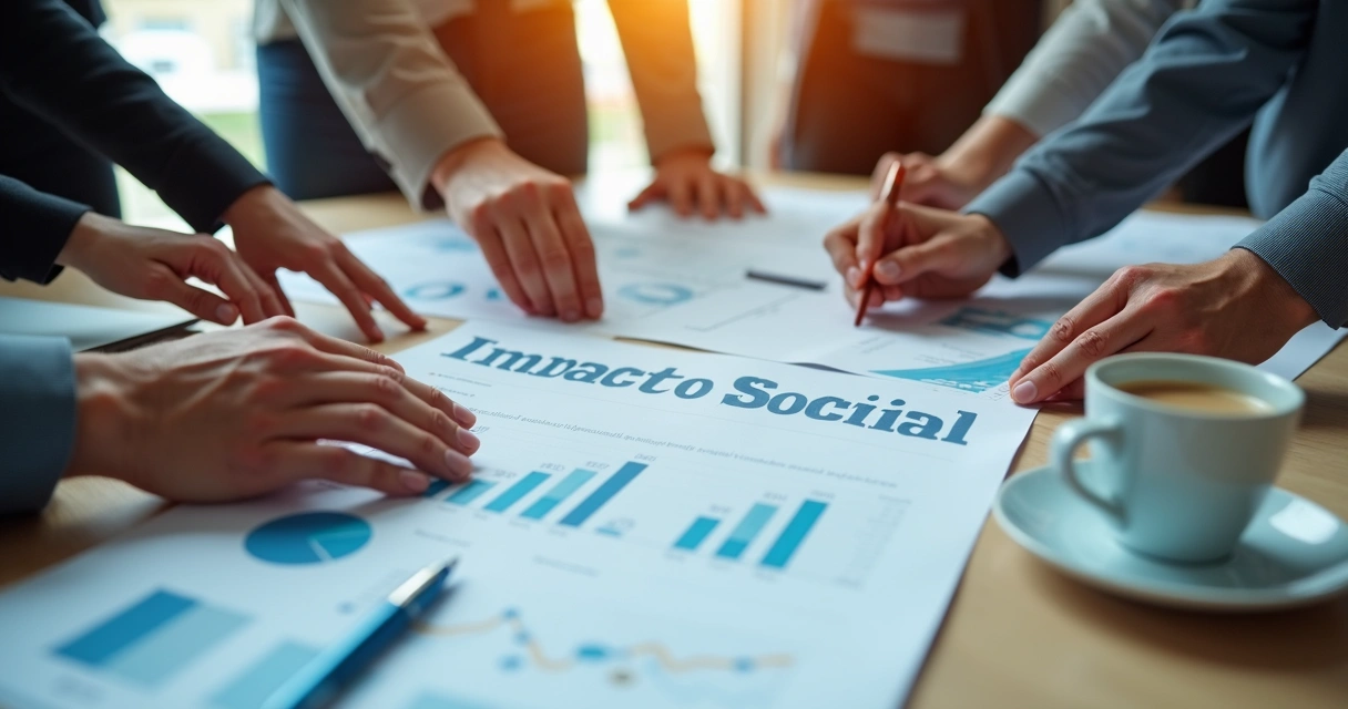 Manos de varias personas unidas sobre una mesa de trabajo con documentos de impacto social