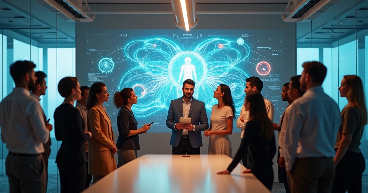 Grupo colaborando em ambiente moderno, debatendo questões éticas com representações visuais de conexões humanas e fluxos de energia positiva. 
