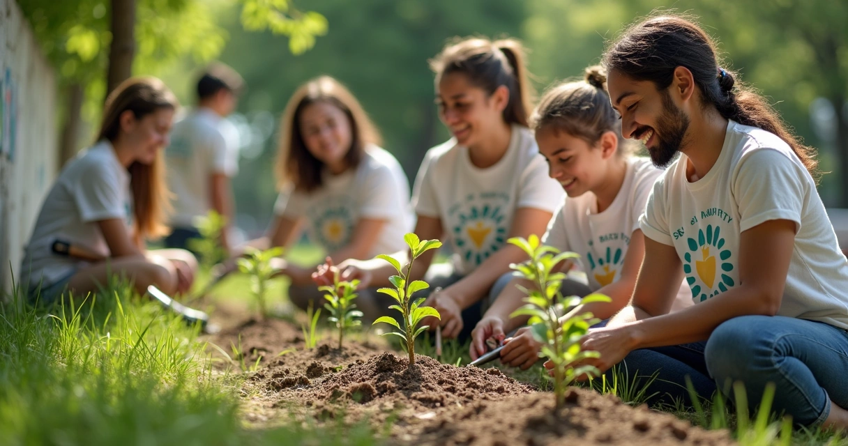 Grupo de voluntários sorrindo em atividade social comunitária 