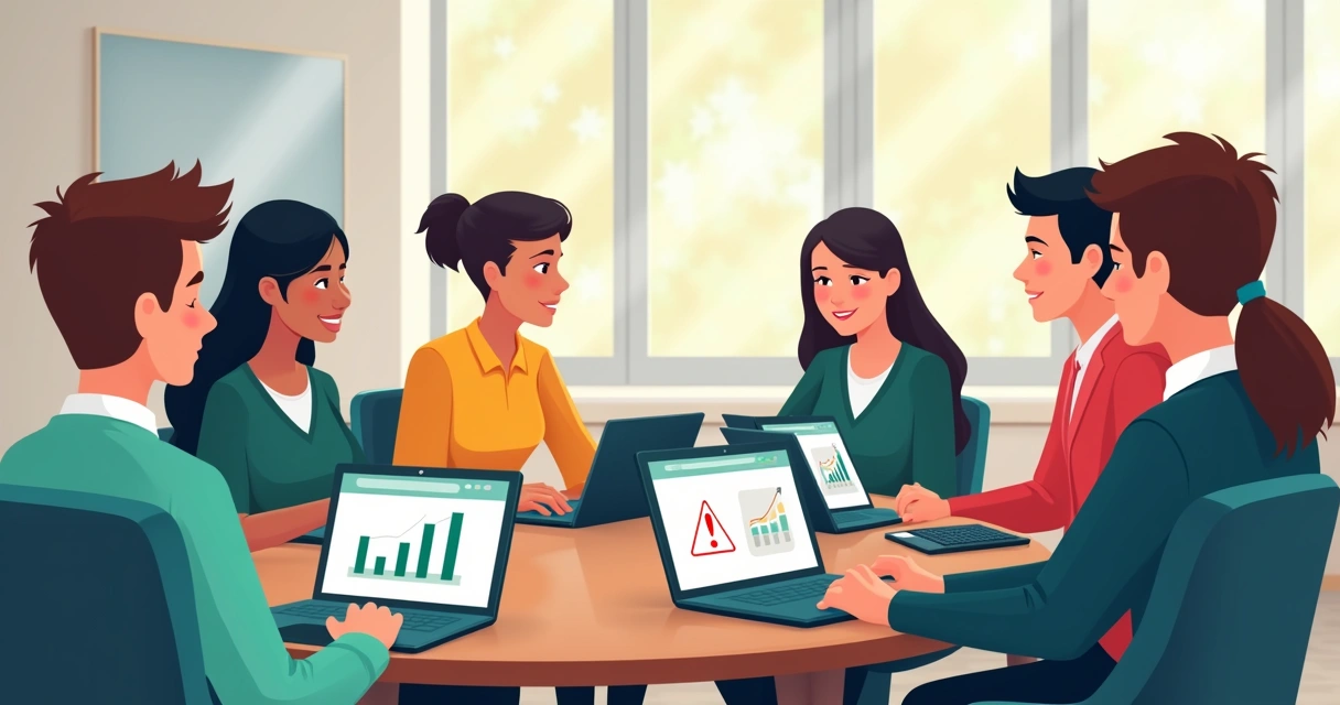 Pessoas diversas em roda com laptops e tablets, gráficos de progresso e símbolos de atenção 