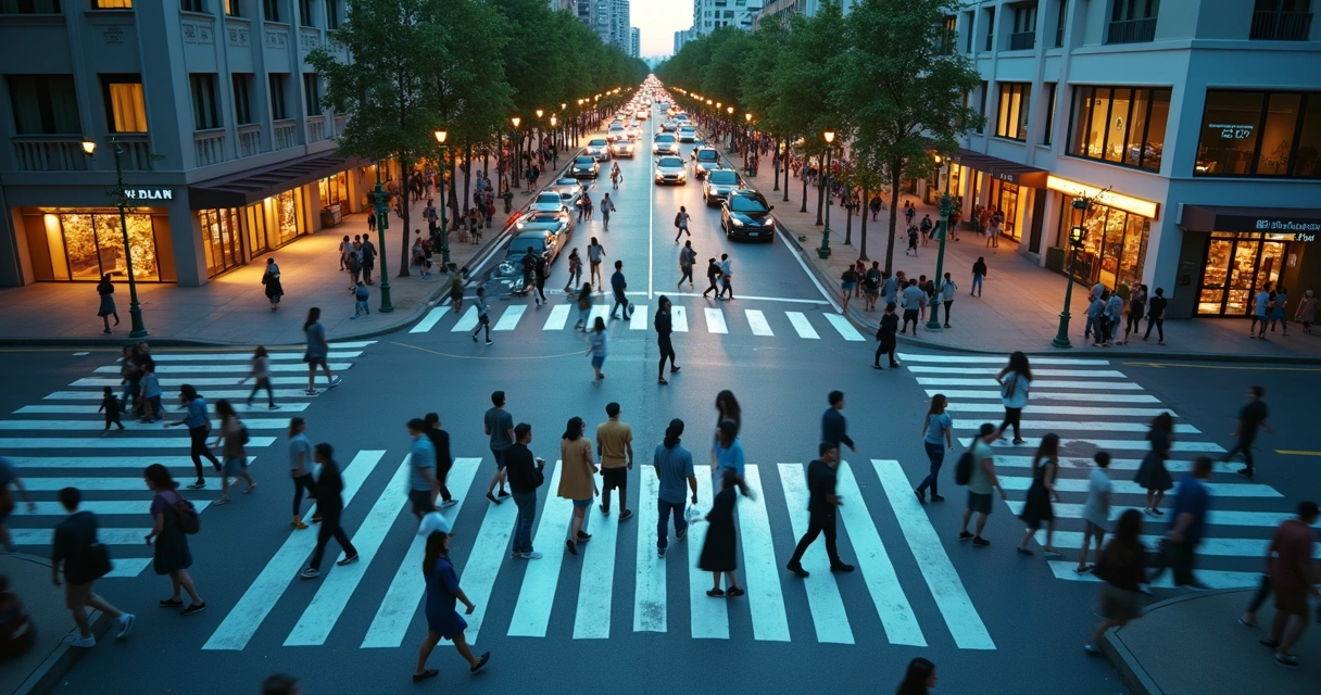 Vista aérea de pessoas andando pela cidade com conexões iluminadas representando impacto social invisível 