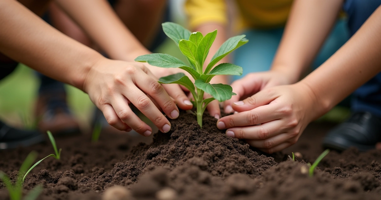 Manos adultas y de niños sembrando juntos una planta joven 
