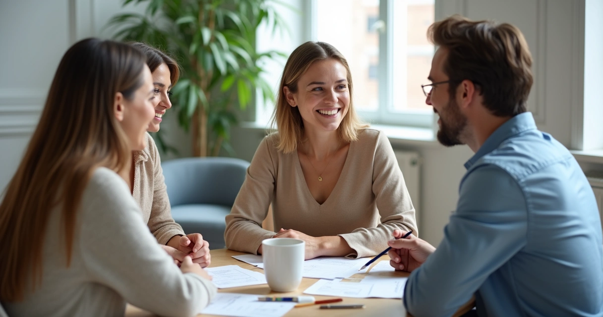 Tres personas compartiendo ideas en una mesa redonda con fondo difuminado y gestos de alegría 