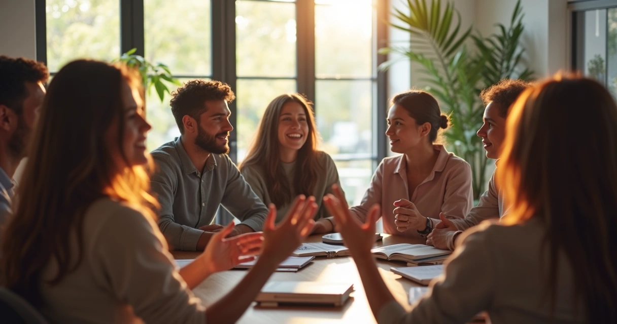 Grupo de pessoas reunidas discutindo em círculo 