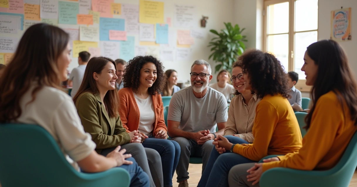Grupo de pessoas em círculo conversando em ambiente comunitário 