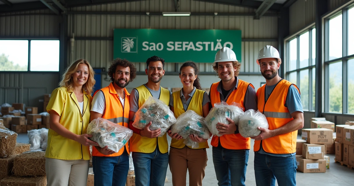 Grupo de trabalhadores da Coopersuss sorrindo com materiais recicláveis em galpão moderno 