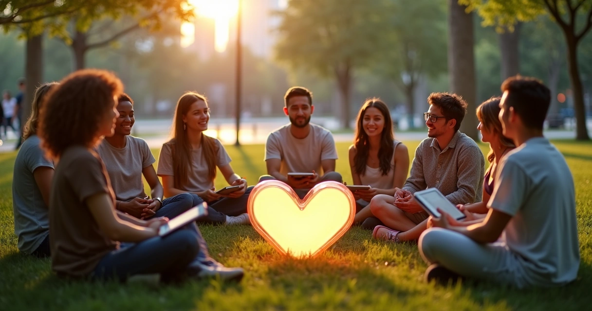 Grupo diverso em roda ao ar livre conectando impacto social e responsabilidade emocional 