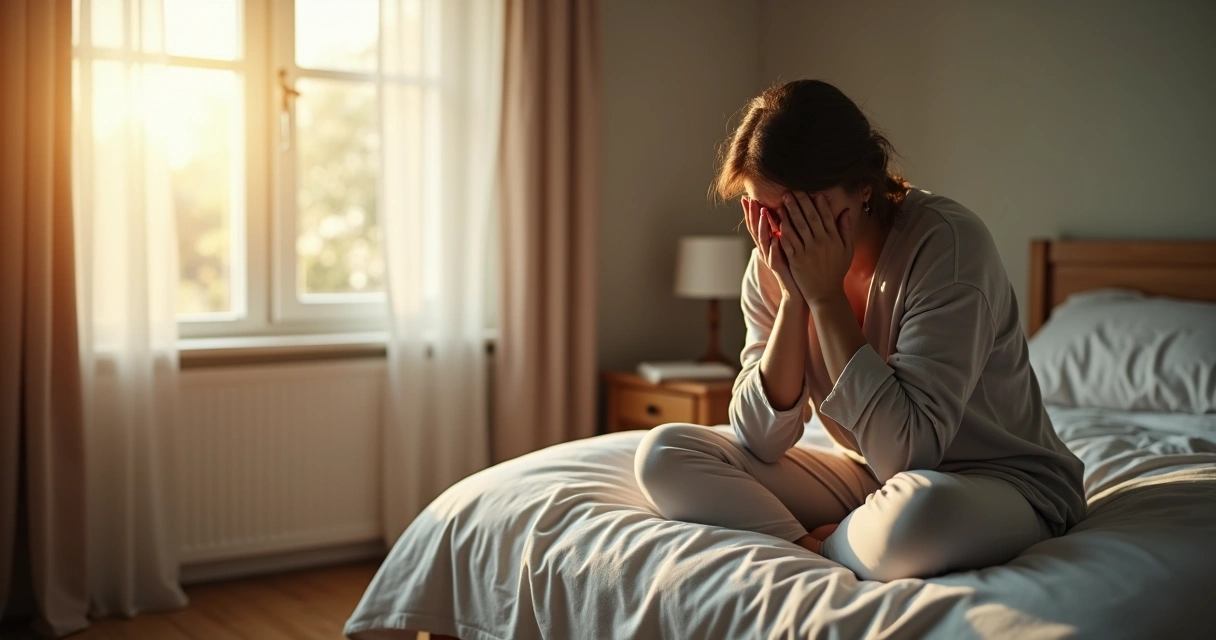 Pessoa com expressão cansada sentada na cama de manhã 