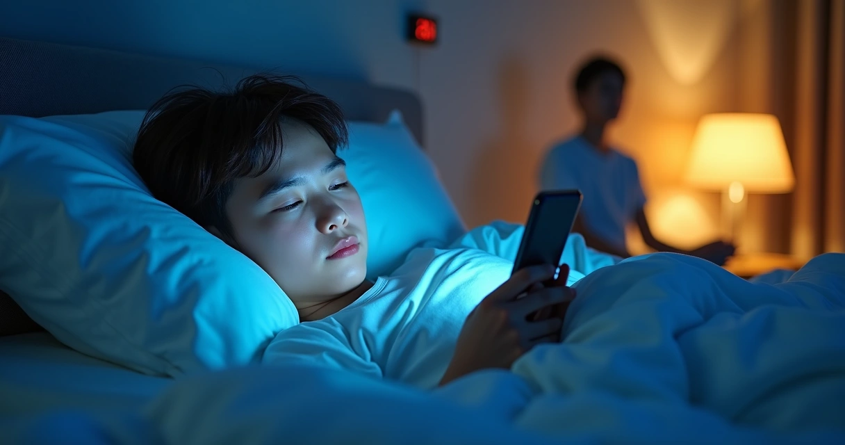 Pessoa deitada na cama olhando para o celular com luz azul e meditando em seguida 