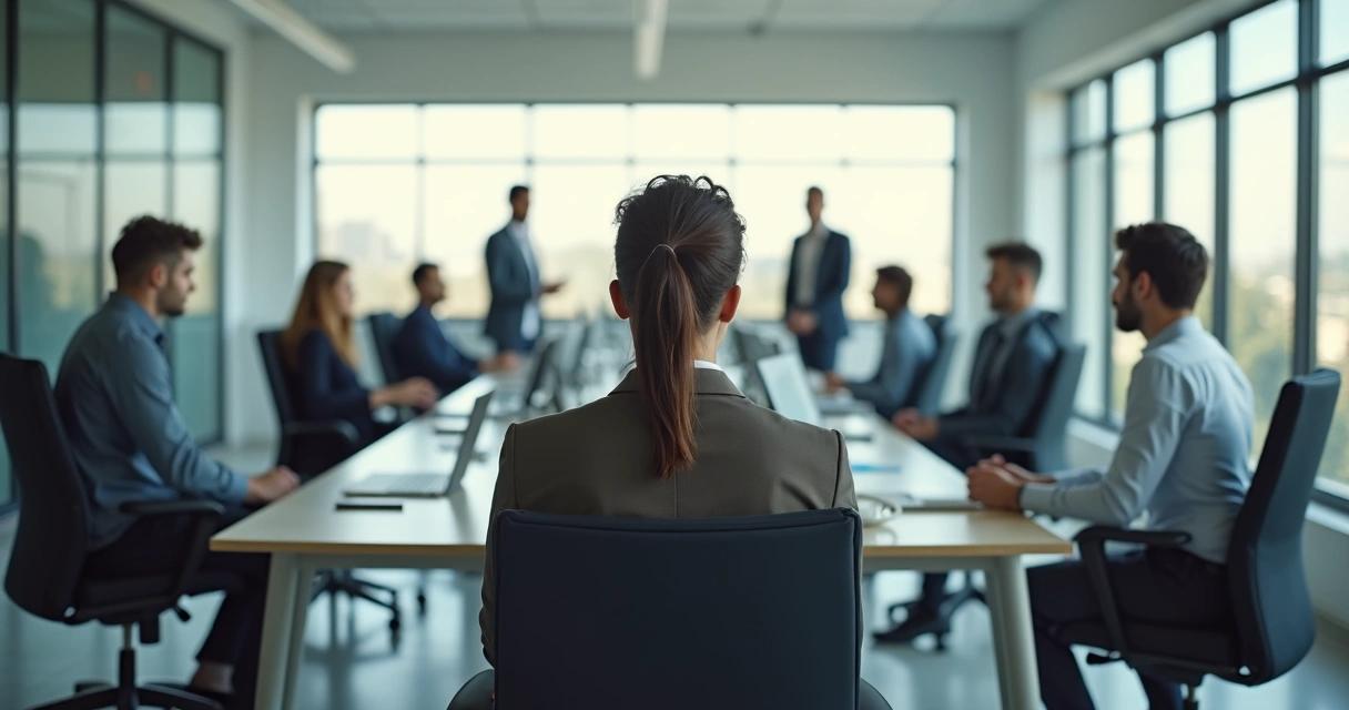 Oficina moderna con empleados, uno de ellos aislado en su escritorio