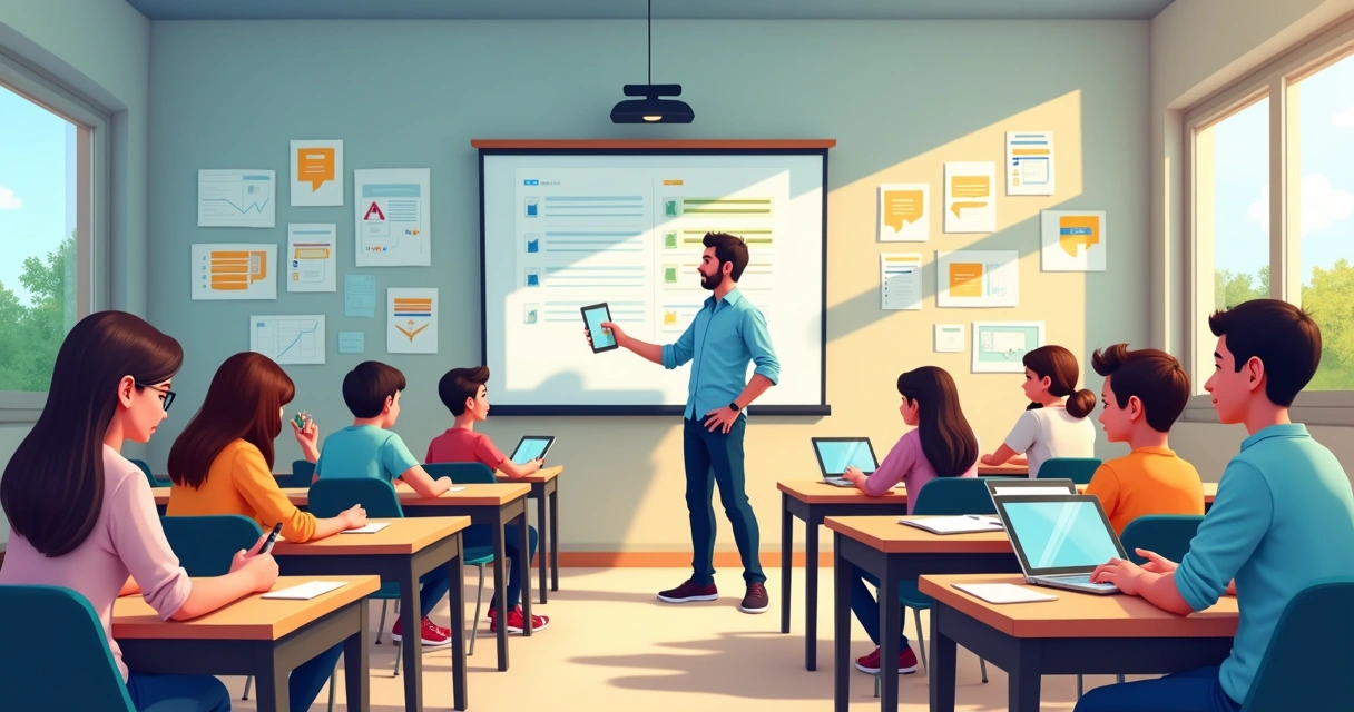 Estudantes interagindo com a plataforma TutorMundi em uma sala de aula moderna e iluminada.