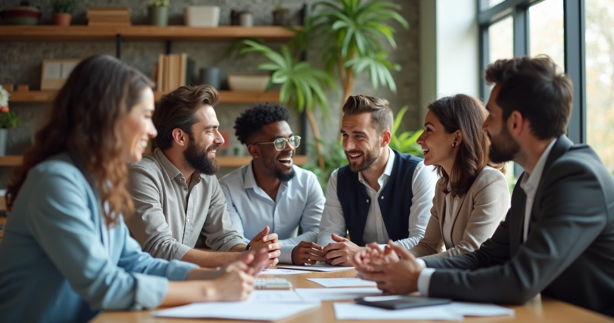 Grupo de personas conversando en una oficina moderna, expresando respeto y empatía 