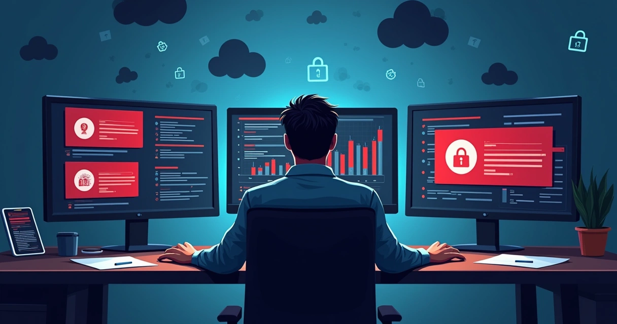 Gestor de TI preocupado com múltiplos alertas de vazamento na tela 