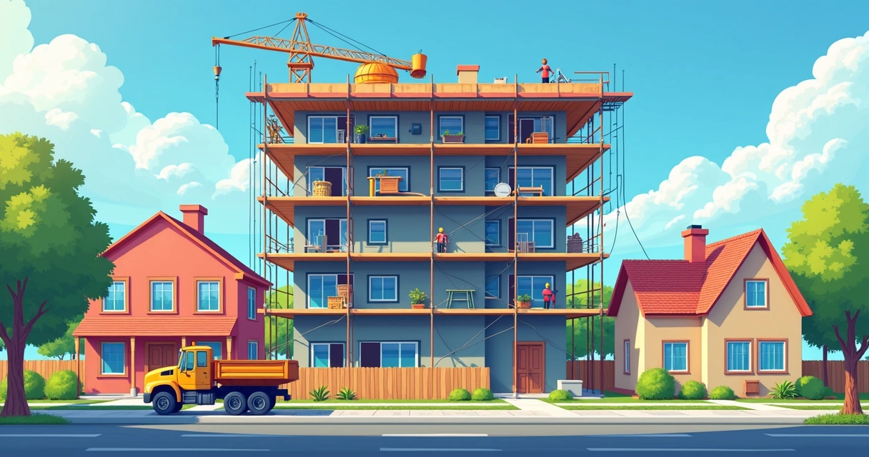 Ilustração de prédio em construção ao lado de residências em rua residencial. 