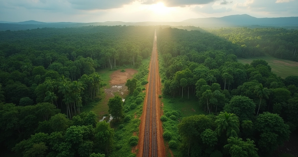 Vista aérea de desmatamento ao lado de trilhos e vegetação densa. 