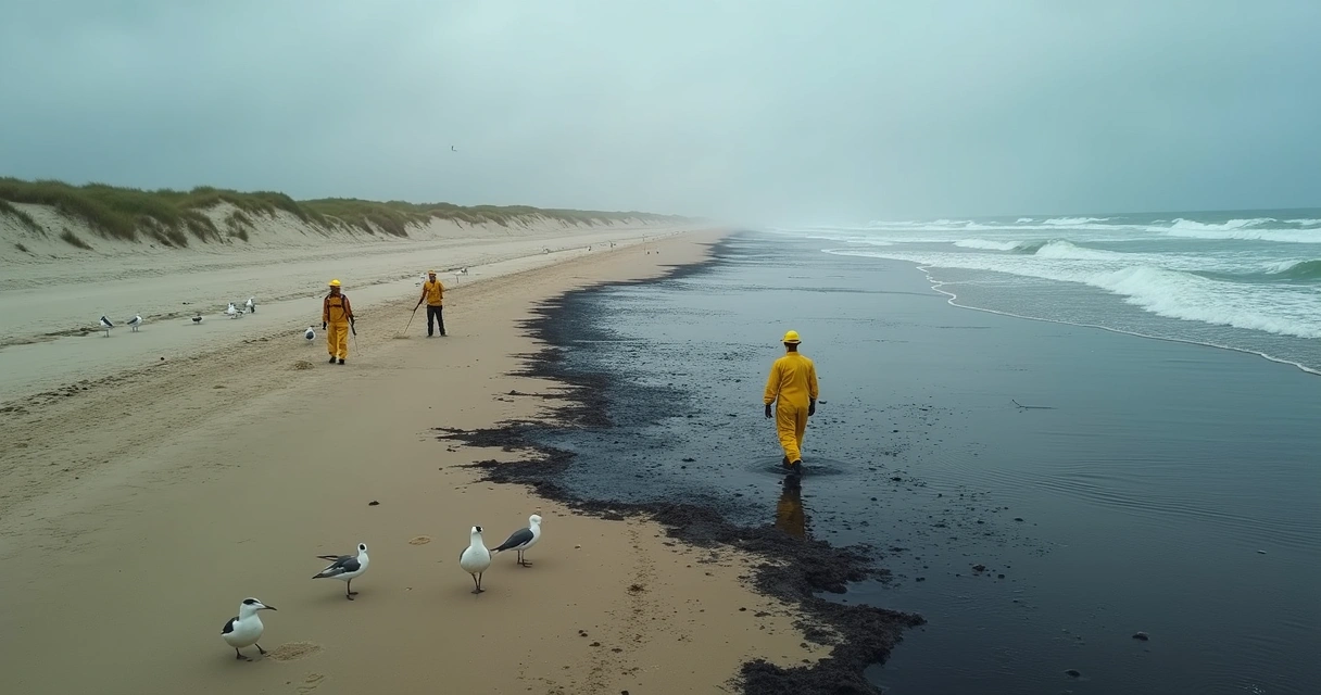 Derramamento de petróleo em praia com aves afetadas 