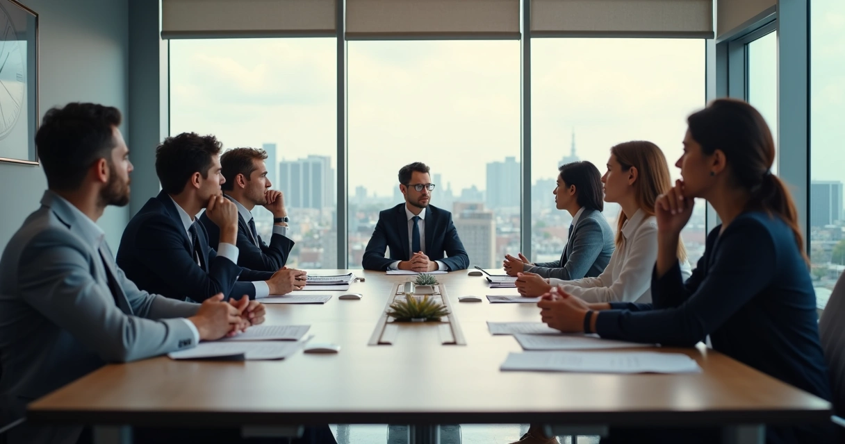 Equipe reduzida em sala de reunião, cadeiras vagas e clima tenso 