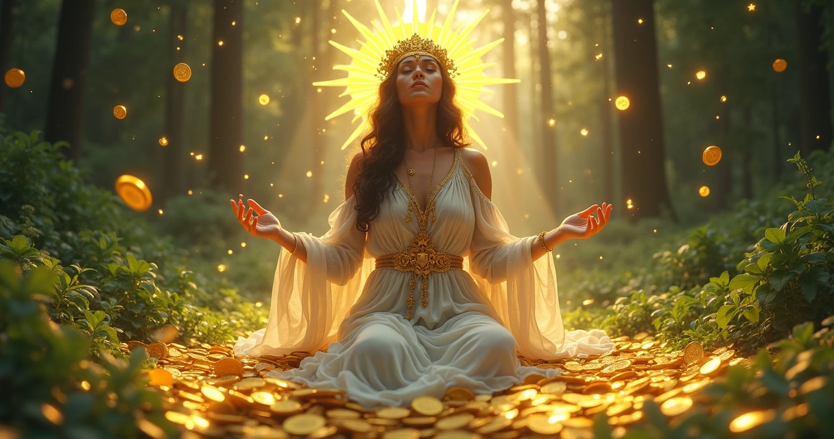 A carta da Imperatriz do tarot cercada por moedas douradas, representando prosperidade 